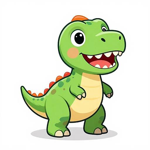 Cartoon green dinosaur with orange spikes, big black eyes, and smiling open mouth, standing on two legs on white background.