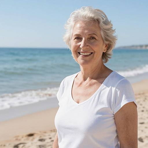 Photograph of smiling elderly woman with short white hair, wearing a white t-shirt, standing on sunny beach with blue ocean and clear sky in background.