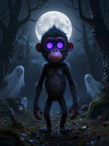 Digital artwork of a glowing-eyed, black-furred cartoon monkey standing in a spooky forest at night, with two ghostly figures in the background and a