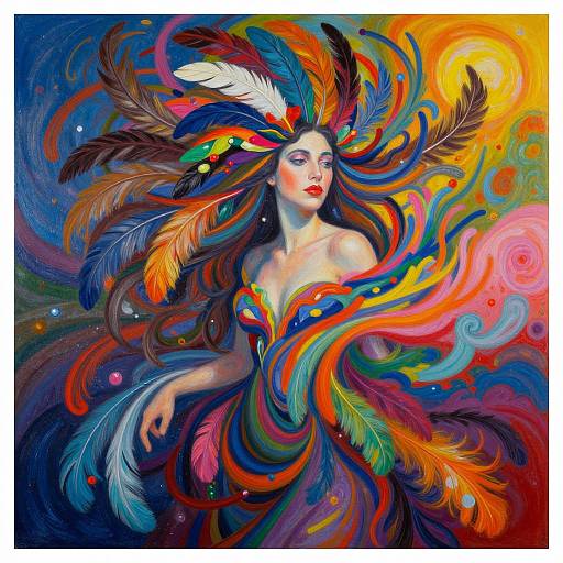 Digital painting of a fair-skinned woman with vibrant rainbow feathers, colorful swirling background, and vivid red lips, wearing a feathered headdress.