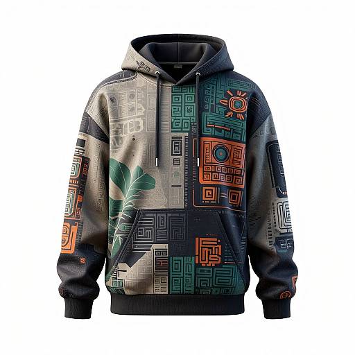 Photograph of a dark navy hoodie with geometric patterns in orange, teal, and gray, featuring a green leaf and sun motif.