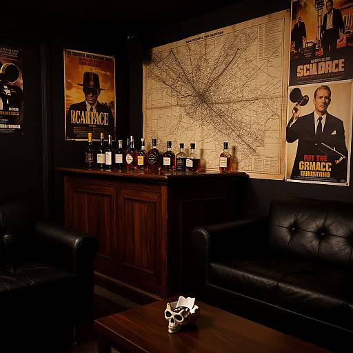 Dimly lit bar room with black leather sofas, wooden cabinet, map, and posters of 
