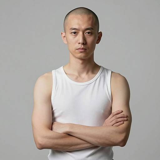 Photograph of a bald, light-skinned, slender man with a serious expression, wearing a white tank top, arms crossed, against a plain gray