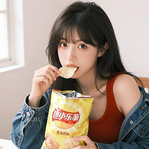 Fun Casual Snack Moment of Asian Woman