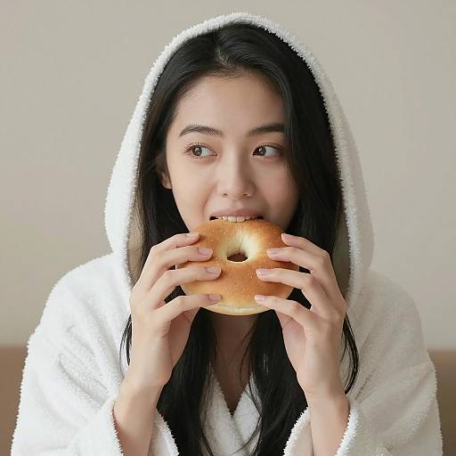 Asian Woman Enjoying Bread Roll