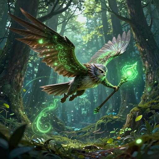 Owlin Druid Soaring Over Enchanted Forest