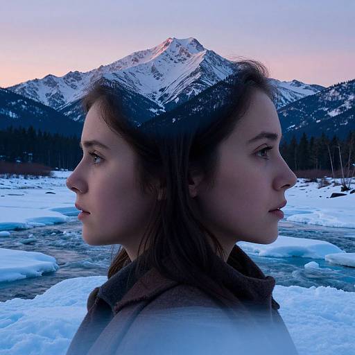 Photograph of a young woman with fair skin and brown hair, profile view, mirrored twice, standing by a snowy river with mountains in the background at