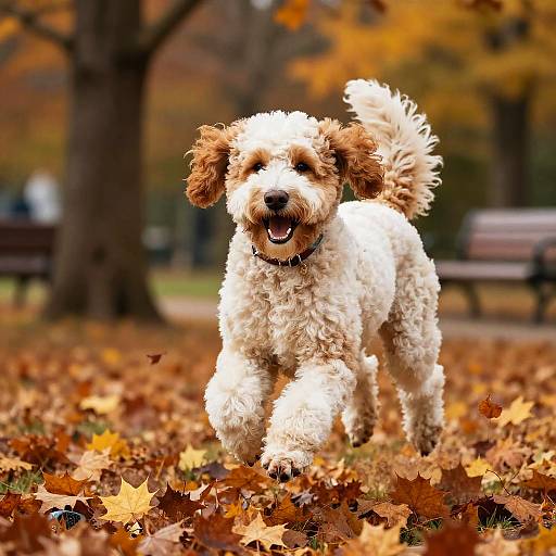 Joyful Labradoodle Leaping in Autumn