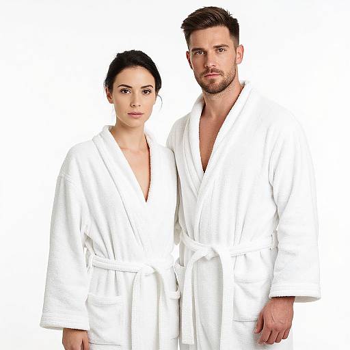 Photograph of a serious-looking couple standing side by side, both wearing white bathrobes, against a plain white background.