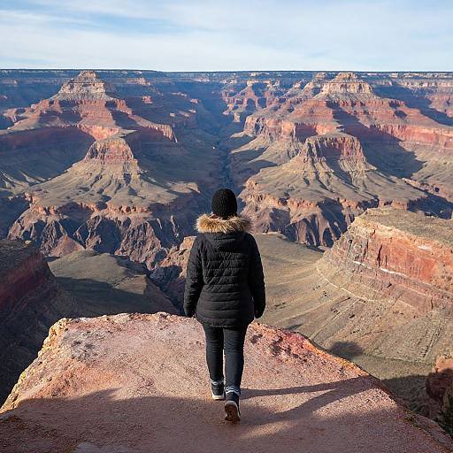Photograph of a person in a black puffer jacket with fur hood, standing on a rocky cliff, facing the vast, colorful Grand Canyon landscape under