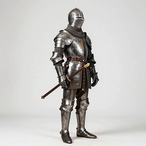 Photograph of a medieval knight in full silver plate armor, holding a sheathed sword, with a chainmail coif and white background.