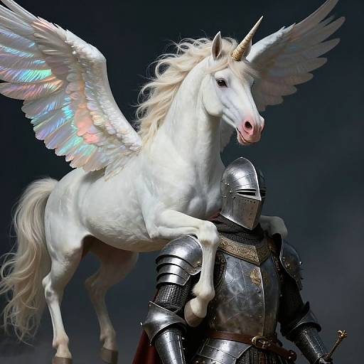 Digital art: Majestic white winged unicorn with iridescent wings stands on armored knight's shoulder, dark background, fantasy theme.