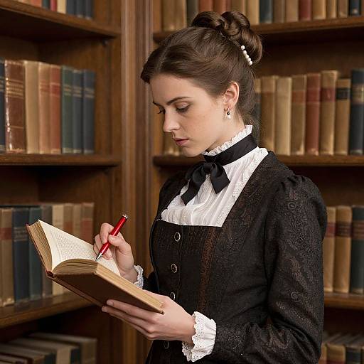 Photograph of a young woman with dark hair in an updo, wearing a black Victorian-style dress with white ruffles, writing in an open book