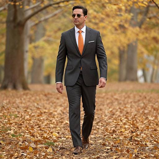 Photograph of a handsome man in a black suit, orange tie, white shirt, and sunglasses walking through a autumnal forest path covered with yellow leaves