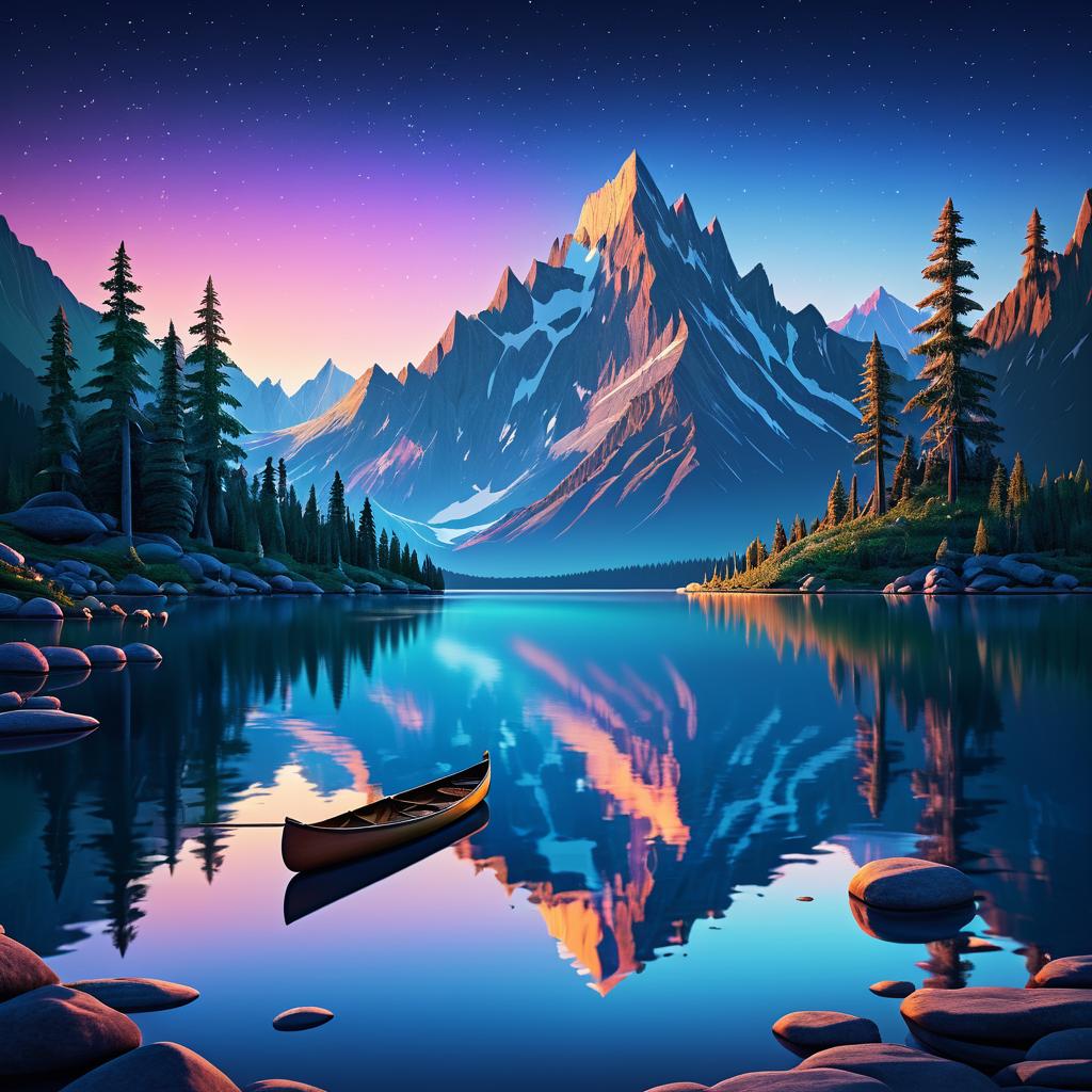 Twilight Canoe on Serene Mountain Lake