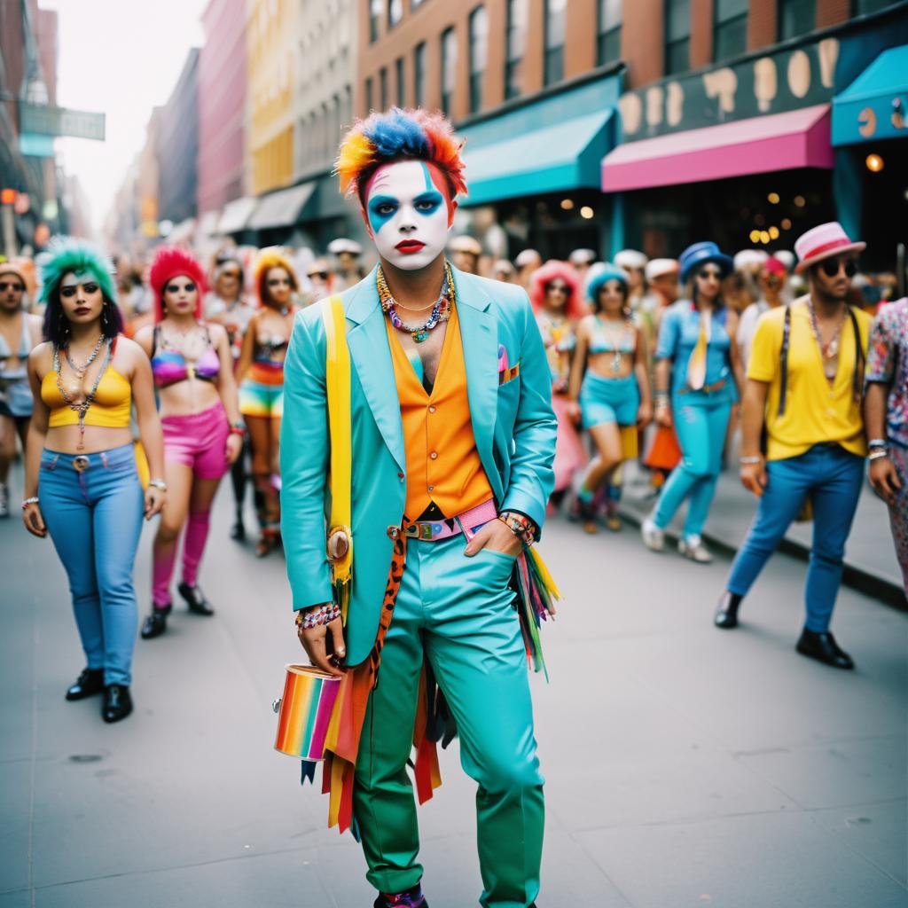 Quirky Street Performer in Cinematic Chaos