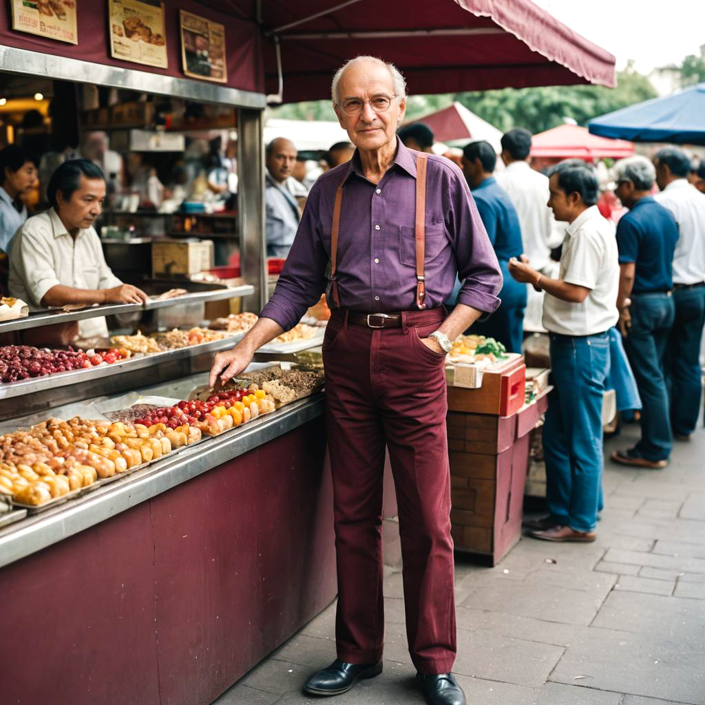 Elderly Gentleman in Fashionable Maroon Jeans