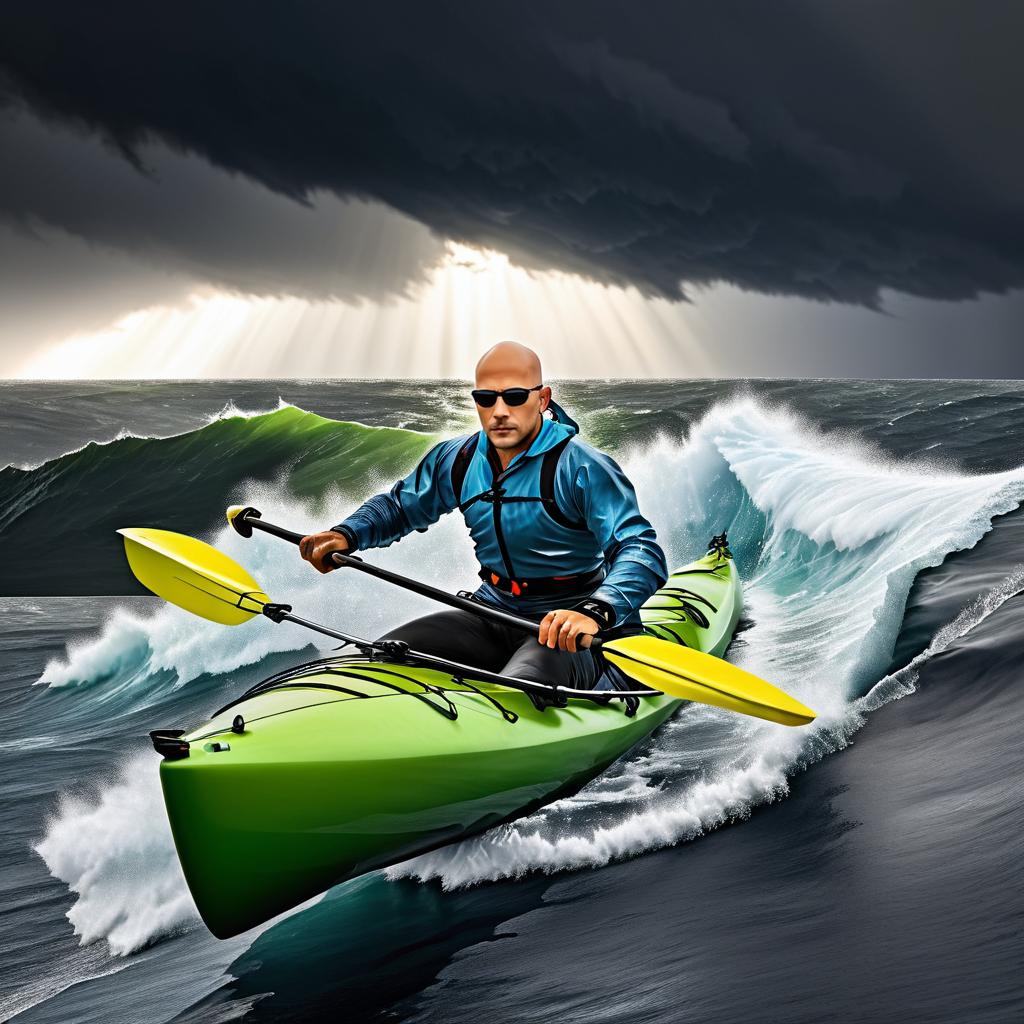 Adventurous Young Man Kayaking in Storm