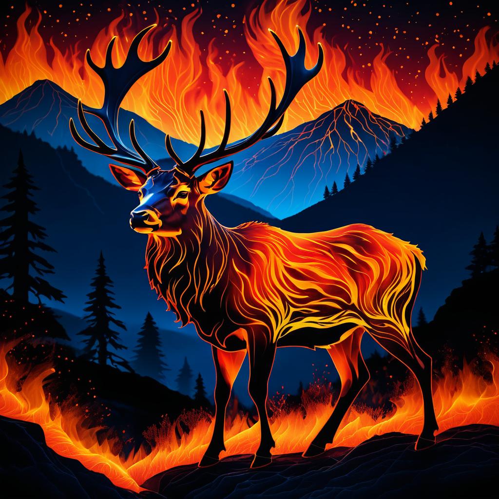 Fiery Stag Against Volcanic Landscape