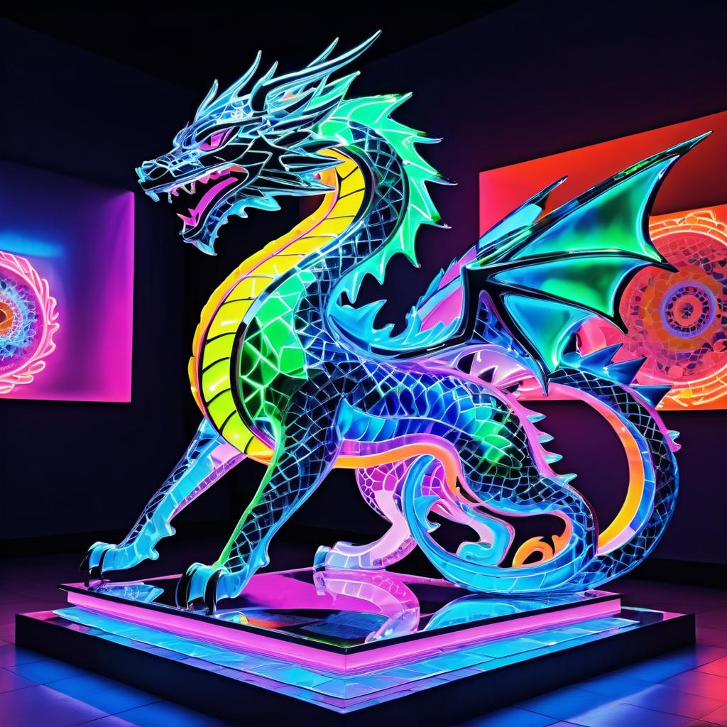 Neon Chrome Dragon Statue in Vibrant Haring Style