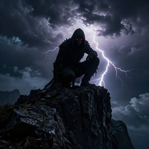 Digital artwork of a shadowy, hooded figure with glowing red eyes crouching on a rocky peak, illuminated by a bright lightning bolt in a
