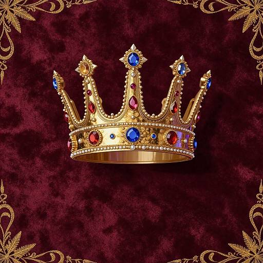 Luxurious golden crown with red and blue gemstones, centered on rich burgundy velvet background, framed by ornate gold patterns.