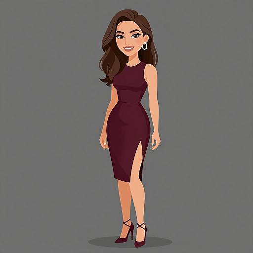 Digital illustration of a smiling woman with long brown hair, wearing a form-fitting black dress with a thigh-high slit, black high heels, and white