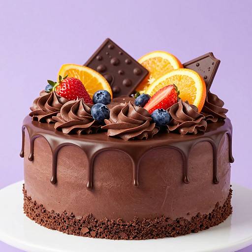 Photograph of a decadent chocolate cake topped with whipped chocolate, blueberries, strawberries, orange slices, and chocolate pieces, with dripping chocolate over a