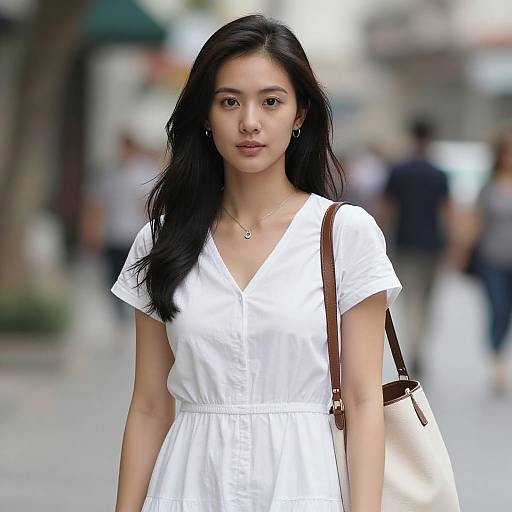 Photograph of an Asian woman with long black hair, wearing a white V-neck dress and a beige shoulder bag, standing in a blurred urban street background