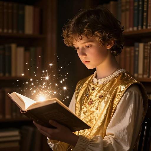 Photograph of a curly-haired young boy in a golden vest, reading a glowing enchanted book with sparkling lights in a dimly lit library.
