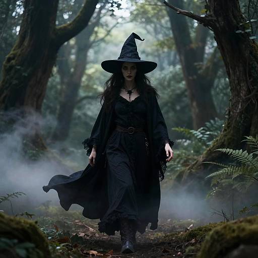 Mysterious witch with black dress and hat, long dark hair, walks through misty forest, surrounded by trees and ferns. Digital art.