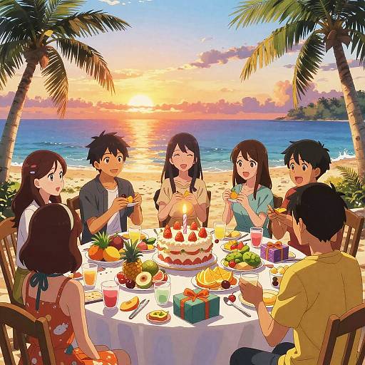 Anime-style digital illustration of five teenagers celebrating a birthday on a tropical beach at sunset, surrounded by palm trees, cake, and fruit.