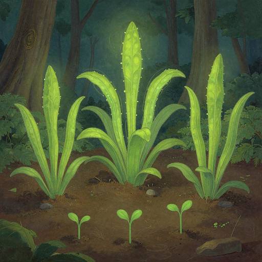 Magical Glowing Green Plants in Forest Clearing