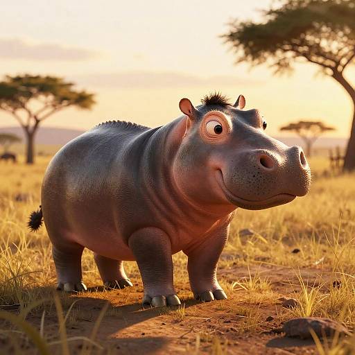 CGI-rendered cartoon hippo with large eyes and smile stands on sunlit savanna, surrounded by dry grass and acacia trees at sunset.