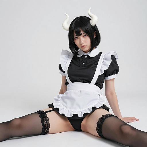 Asian Woman with Horns in Maid Outfit