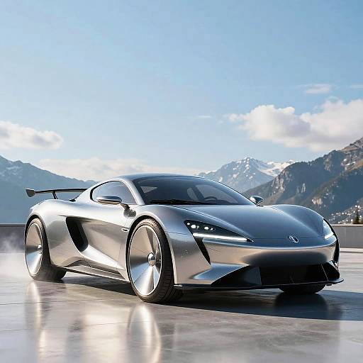 Photorealistic CGI of a sleek, silver, high-performance sports car with sharp headlights and a rear spoiler, parked on a reflective surface with mountainous