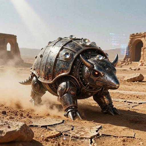 Photorealistic CGI of a metallic, armored, rhinoceros-like robot with glowing eyes, charging through a dusty, sunlit desert with ancient