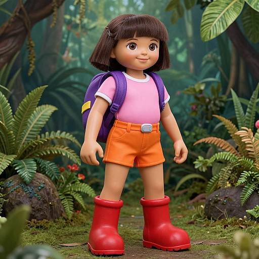 Digital CGI image of a cute girl with dark brown bob haircut, pink shirt, orange shorts, red boots, purple backpack, standing in lush jungle.