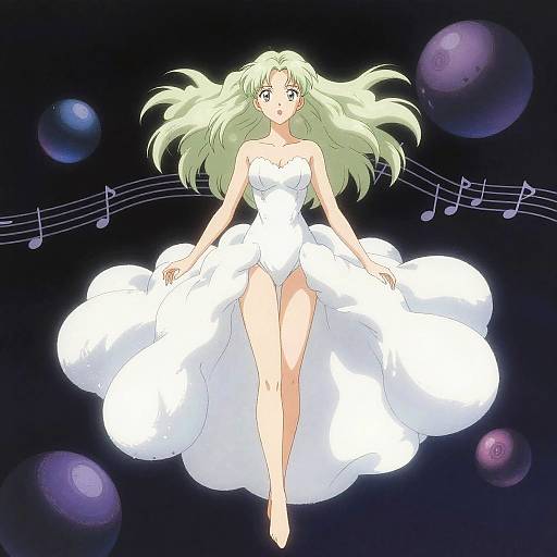 Anime-style drawing of a green-haired girl in a white, cloud-like dress floating in space, musical notes in the background.