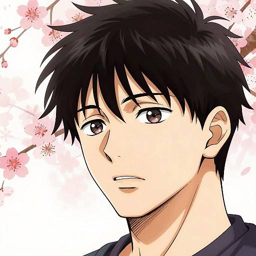 Anime-style digital drawing of a young man with black spiky hair, brown eyes, fair skin, and a serious expression. Cherry blossoms in the