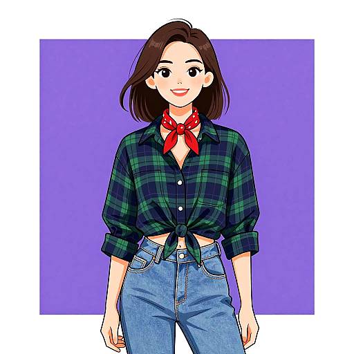 Smiling Woman in Casual Plaid Shirt