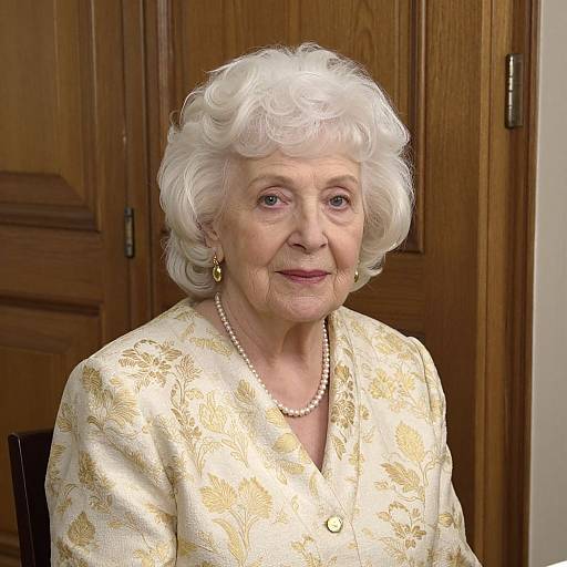 Photograph of an elderly white woman with curly white hair, wearing a cream floral blazer, pearl necklace, and earrings, smiling gently against a wooden