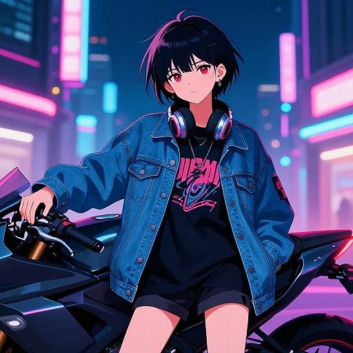 Neon-lit anime girl with short black hair, red eyes, denim jacket, black shirt, headphones, and shorts, sitting on a motorcycle in
