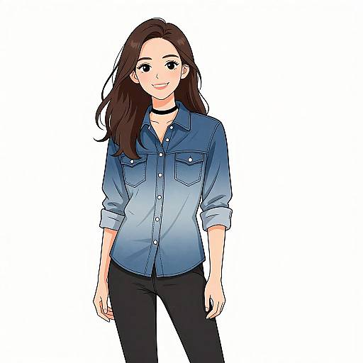 Digital anime-style drawing of a smiling woman with long brown hair, wearing a blue button-up shirt, black pants, and a black choker. White