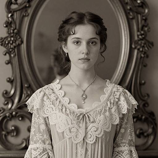 Black-and-white photograph of a young woman with wavy hair, wearing a lace dress with floral patterns, standing in front of an ornate oval mirror