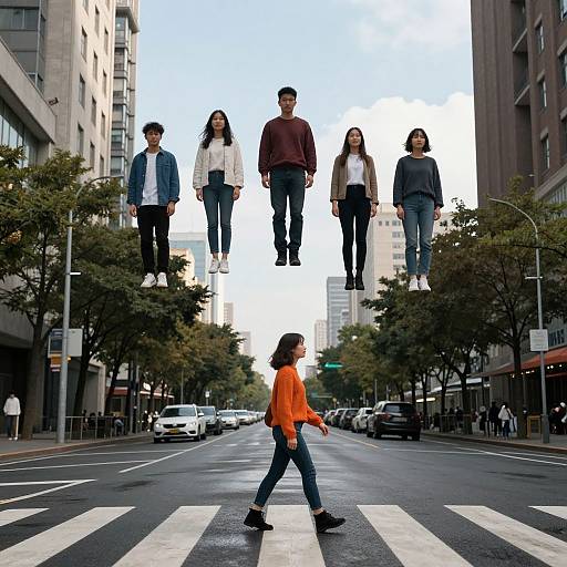 Photograph: Young woman in orange sweater crosses city street, with six people floating above her in various casual outfits. Urban setting with tall buildings, trees