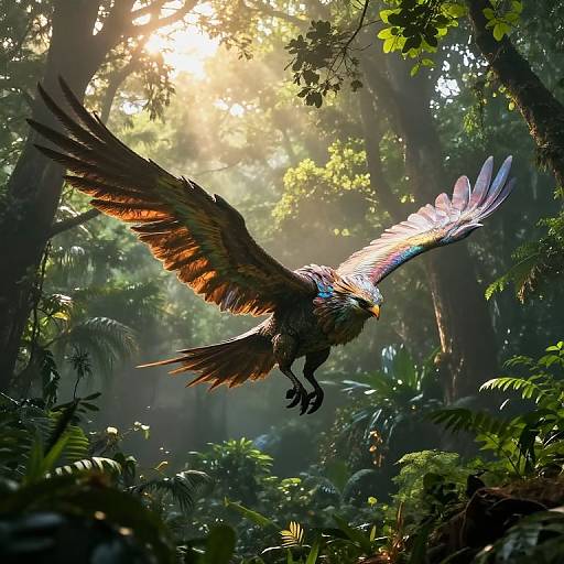 Photograph of a majestic, rainbow-feathered griffin with outstretched wings soaring through a sunlit, dense, lush forest canopy.