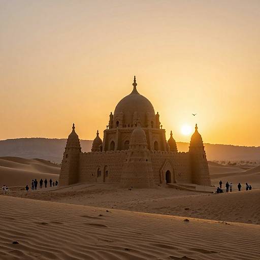 Photograph of a sunlit, sandstone temple with a central dome and ornate towers, surrounded by dunes and silhouetted visitors at