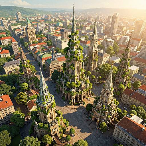 Aerial photograph of a sunlit European city square with Gothic-style spires, red-roofed buildings, lush green trees, and a distant mountain