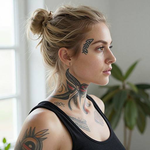 Photograph of a blonde woman with tattoos on her neck and face, wearing a black tank top, in a bright room.